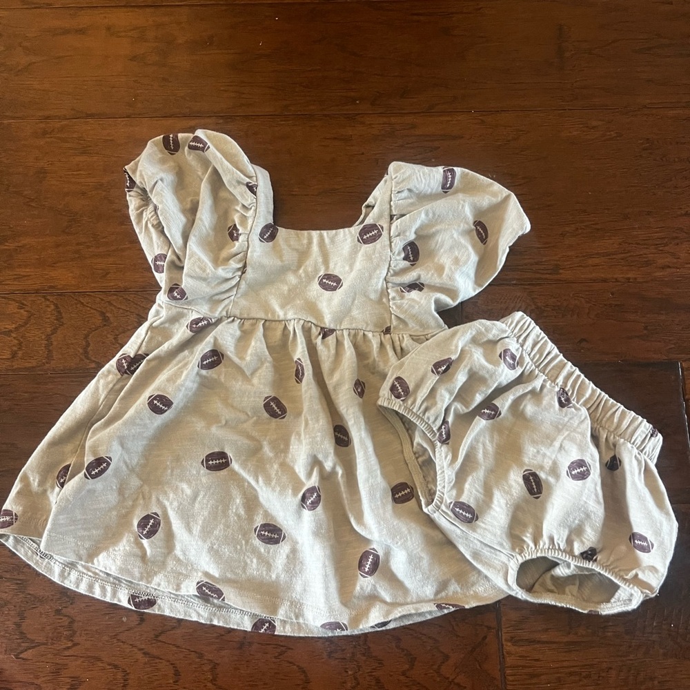 Rylee and Cru Brea Football Print Baby Dress and Bloomers Set